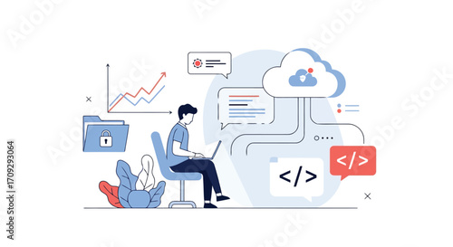 Vector illustration of a developer is working on cloud computing and data analysis, coding and programming, vector illustration