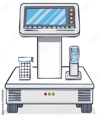 Cartoon Electronic Machine with Screen, Buttons and Medical Pill Dispenser