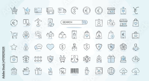 Modern business and shopping icons offer seamless online transactions, customer service, and global commerce solutions.