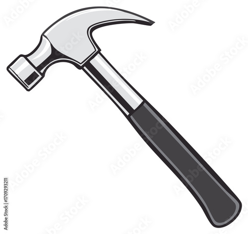 Illustrated steel hammer with black handle on plain backdrop construction tool equipment