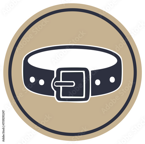 Stylish dog collar icon featuring square buckle in a circular design on neutral backdrop, modern pet accessory symbol