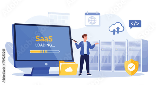 Vector illustration of software as a service concept with man pointing at screen loading saas application cloud computing technology