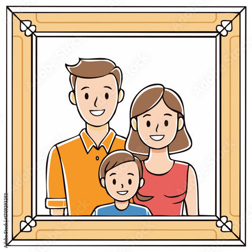 Happy family portrait in decorative frame. Illustration of parents and child.