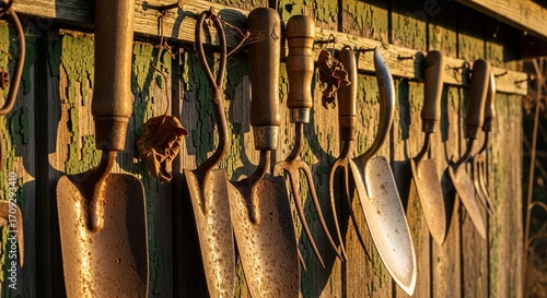 A collection of vintage, well-worn gardening tools, including trowels and forks, hanging on a weathered wooden wall, bathed in warm afternoon sunlight.