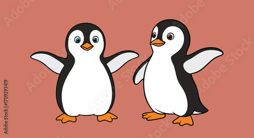 Adorable cartoon penguins with charming expressions, perfect for children's books or playful graphic designs