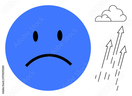Blue sad face representing sadness and depression, clouds and rain illustrating bad weather, upward arrows hinting hope or uplift. Ideal for emotion, sadness, depression, mood, health, weather