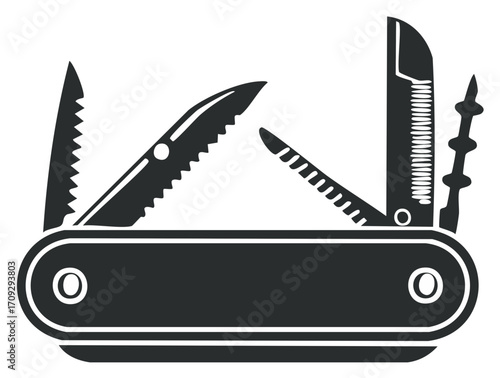 Black and white multi tool illustration with open blades and tools.
