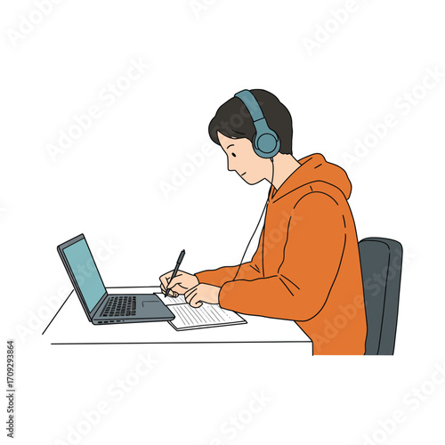Vector art of young student wearing headphones, focused on writing and studying at a laptop computer