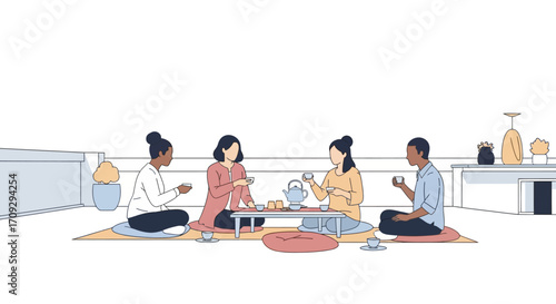 Four friends enjoying tea ceremony on a rooftop together.