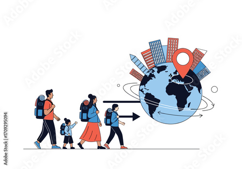 A family embarks on a global journey with their backpacks and dreams.