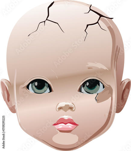 Close-up of a cracked doll's head with blue eyes, showcasing damage and a somewhat eerie, unsettling aesthetic.