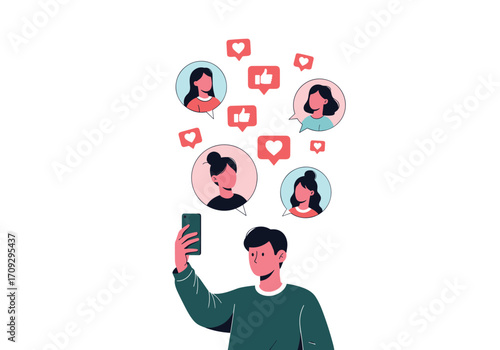 Man holding smartphone and connecting with people through social media.