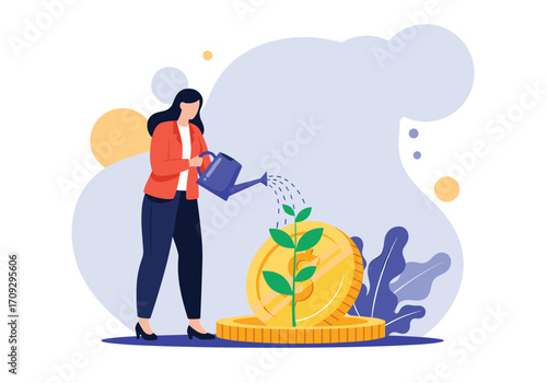 Woman watering a growing plant from a large coin symbolizing financial growth.