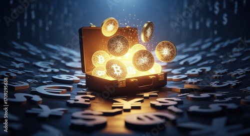 Golden treasure chest overflowing with glowing cryptocurrency coins digital assets