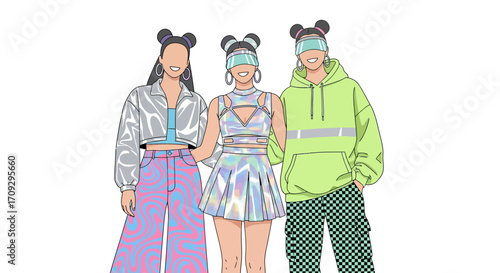 Futuristic fashion trio showcasing innovative style and vibrant aesthetics.
