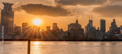 Photography Cityscape view of Shanghai city at sunset