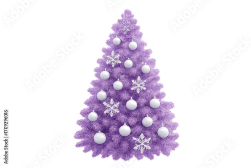 Purple christmas tree decorated with white baubles and snowflakes on transparent background
