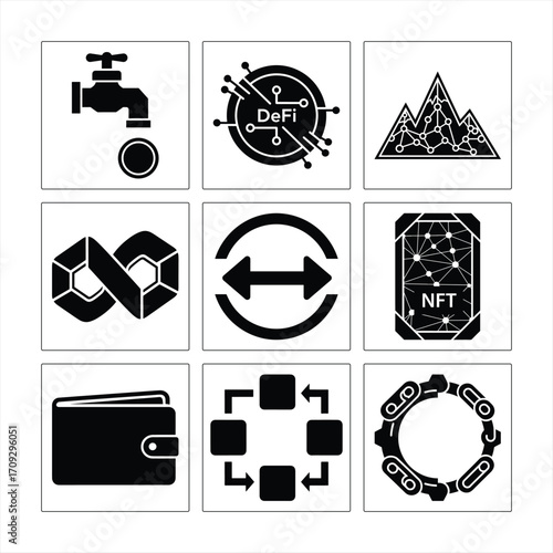 Cryptocurrency And Blockchain Technology Icons Representing Nfts Defi And Digital Finance