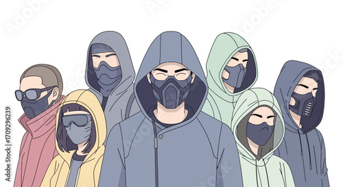 Group of hooded figures wearing masks looking directly at the viewer.