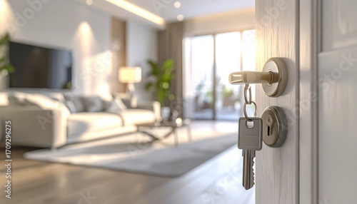 Wallpaper Mural Light pours into a modern living room through a partially open door with keys hanging from the handle. Soft focus, cozy, bright Torontodigital.ca