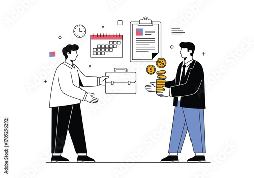 Two businessmen discussing financial investment strategy and future planning.