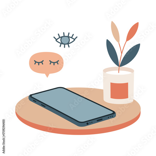 Vector art of a minimalist illustration of a smartphone on a round table with a plant and eye icons, representing technology and selfcare