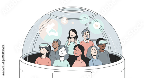 Group of people inside a transparent dome experiencing virtual reality.