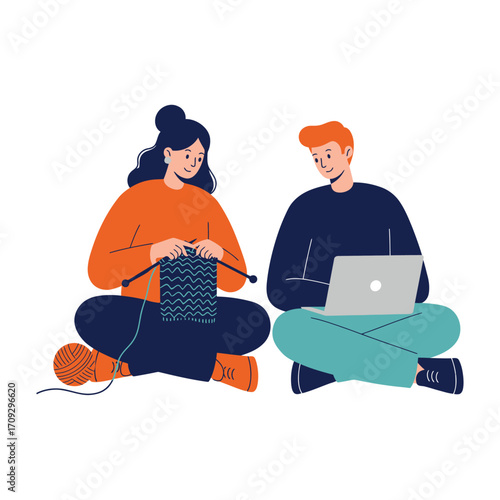 Vector art of couple sitting crosslegged, woman knitting a blue scarf and man using a laptop