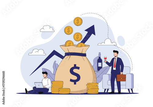 Financial growth and investment success depicted with a money bag and business people.