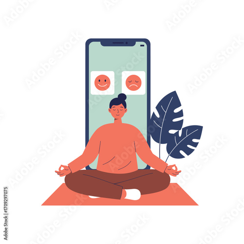 Vector art of person meditating in front of a smartphone displaying emotional icons, representing mental wellness and digital detox