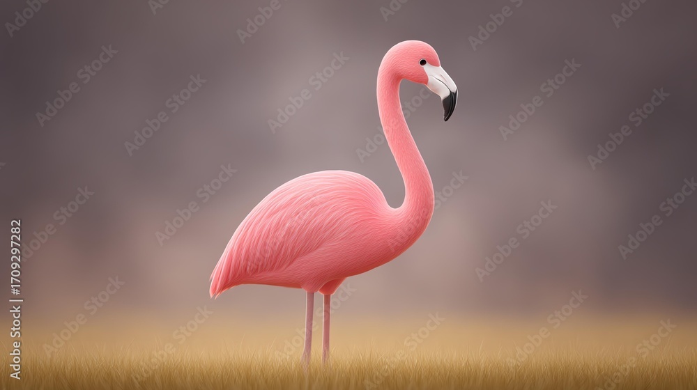 Fototapeta premium Flamingo peaceful pose concept, A vibrant pink flamingo standing gracefully in a tranquil setting.