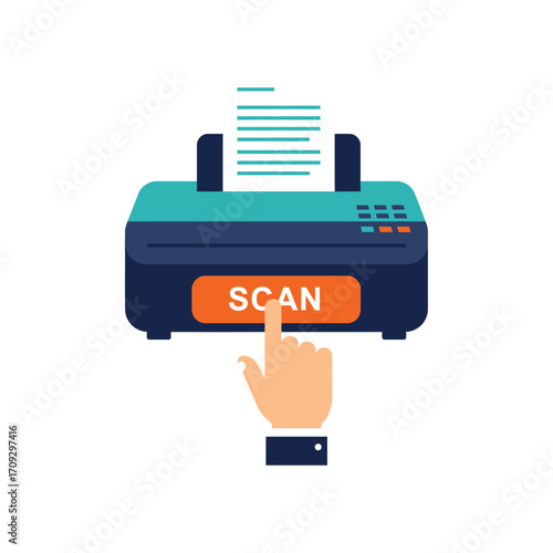 Vector art of hand pressing scan button on a printer, document feeding out