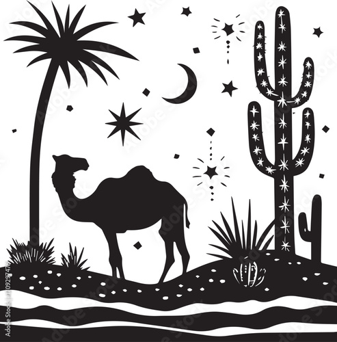 Desert Silhouette: A captivating silhouette of a desert scene. A lone camel stands proudly amidst a palm tree and cacti, under the watchful eye of a crescent moon and twinkling stars.