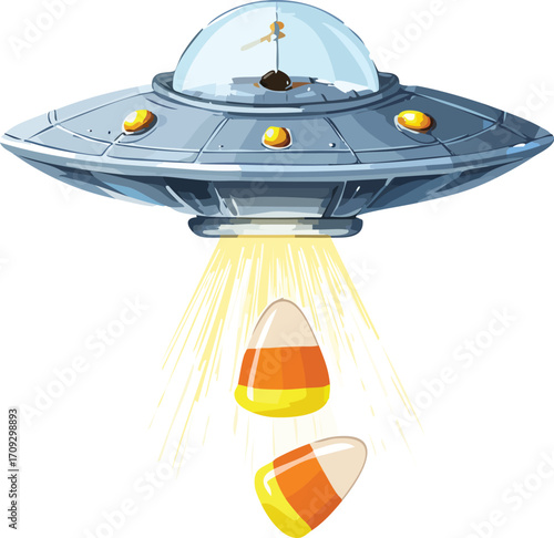 A gray flying saucer dispenses candy corn treats from its underside.