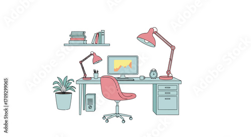 Modern workspace with computer desk chair lamps and accessories for work.