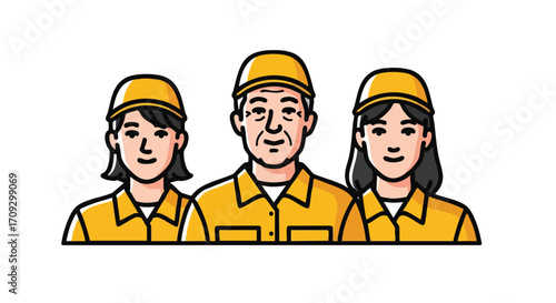 Diverse maintenance team wearing yellow uniforms ready to serve community with friendly professionalism