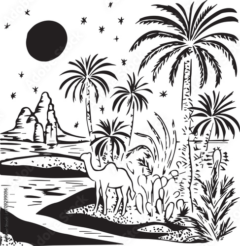 Desert Oasis Sketch: An artistic and detailed illustration depicts a serene desert oasis scene, featuring swaying palm trees, a majestic camel, and a starlit night sky. 