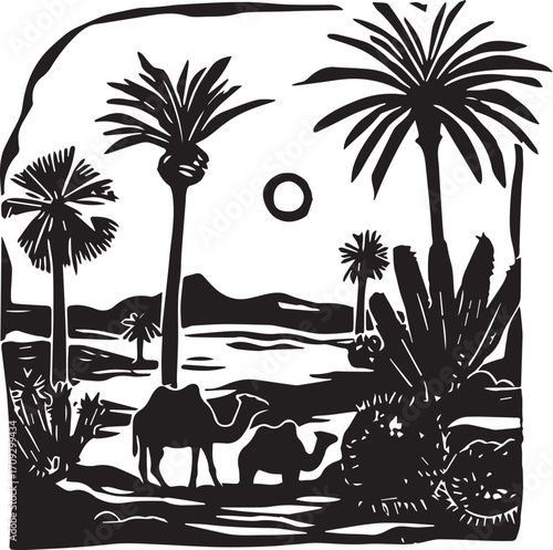 Desert Oasis Illustration: A stylized illustration depicts a serene desert oasis scene, complete with palm trees, camels, and a sun.