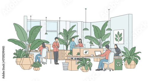 Office environment with people working surrounded by plants.