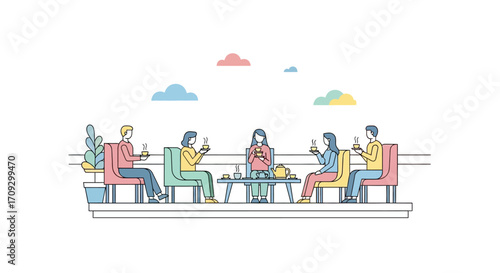 People enjoying drinks and conversation on a terrace during a gathering.