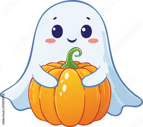 Cartoon ghost holding a pumpkin, with a cute and friendly expression, on a white background.