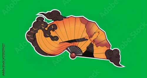 On start orange folding fan rotating clockwise on transparent backdrop showcasing decorative motifs