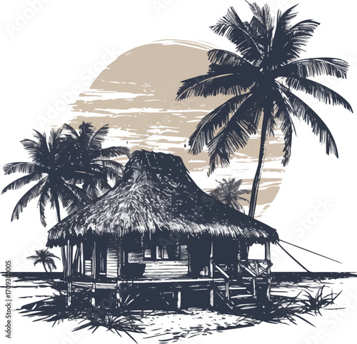 Tropical Haven Sketch: Hand-drawn artwork showcases a serene tropical beach scene, with a rustic hut beneath swaying palm trees, bathed in the warm glow of a tropical sunset, evoking a sense of peace.