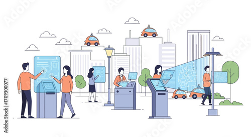 People interacting with interactive kiosks in a modern city environment.