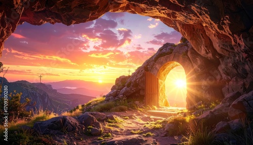 Wallpaper Mural Golden sunset shines through a natural stone archway, leading into a mountainous landscape with distant hills and cross silhouettes Torontodigital.ca