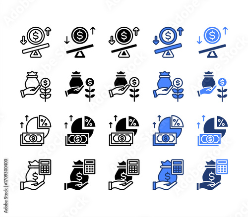Cost, Investment, Profit margin, Budget, multiple style icon set.