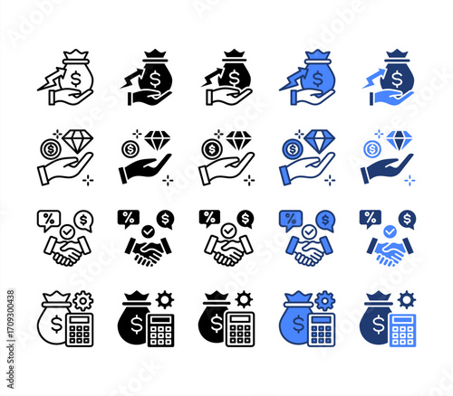 Profit growth, Value, Negotiation, Cost management, multiple style icon set.