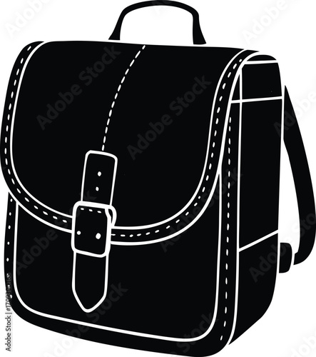 a leather backpack with buckle and front pocket for school or travel use silhouette vector