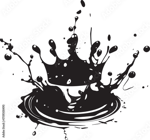 Crown Splash Art: A majestic crown shape formed by an exquisite splash of liquid, captured in a striking black and white art piece, symbolizing regal elegance and power. 