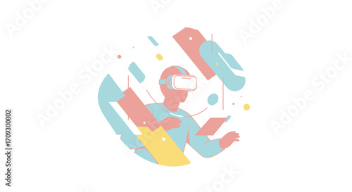 Person wearing VR headset experiencing virtual reality world with abstract shapes.